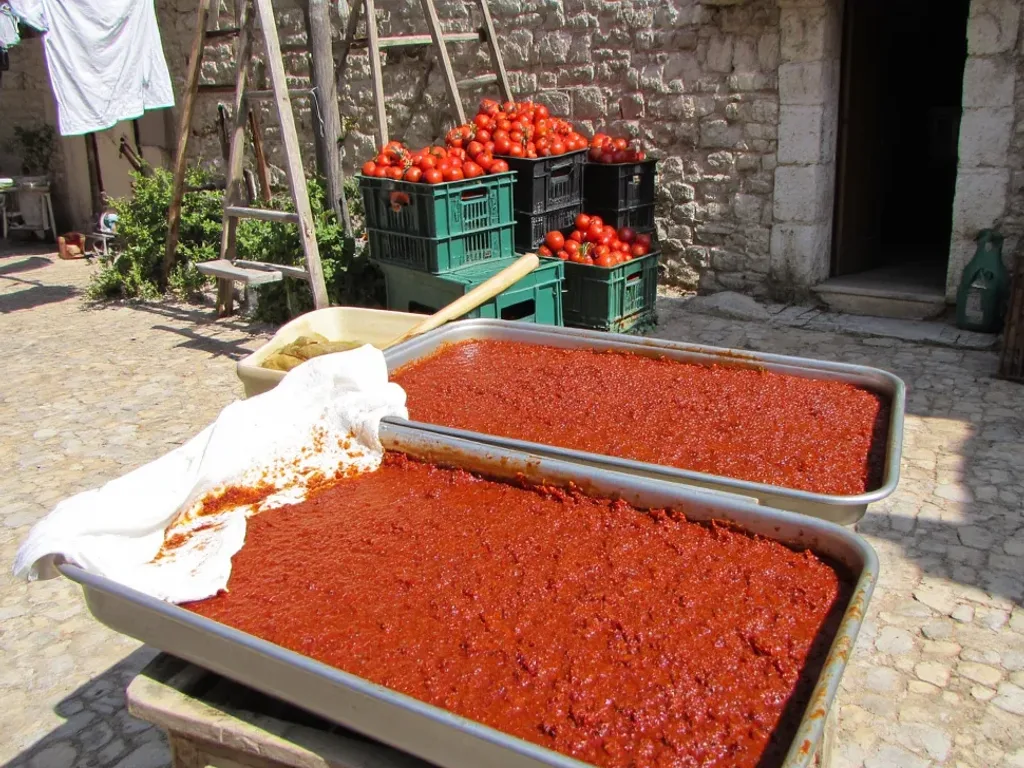 Taş avluda geniş metal tepsilere ince tabaka halinde serilmiş salça güneşte kuruyor; bir tepsi tülbentle örtülü, arkada domates kasaları