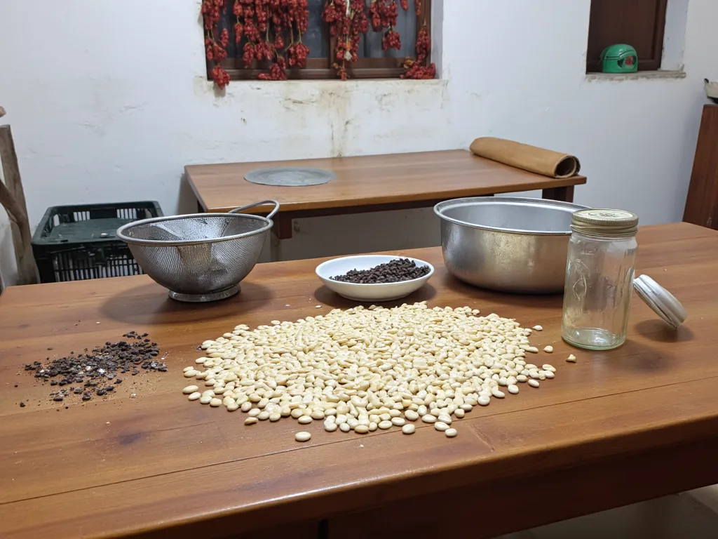 Tahta masaya serilmiş kuru fasulye ayıklanırken; yanında süzgeç, ayrılan taşların durduğu kase ve kapağı açık boş cam kavanoz