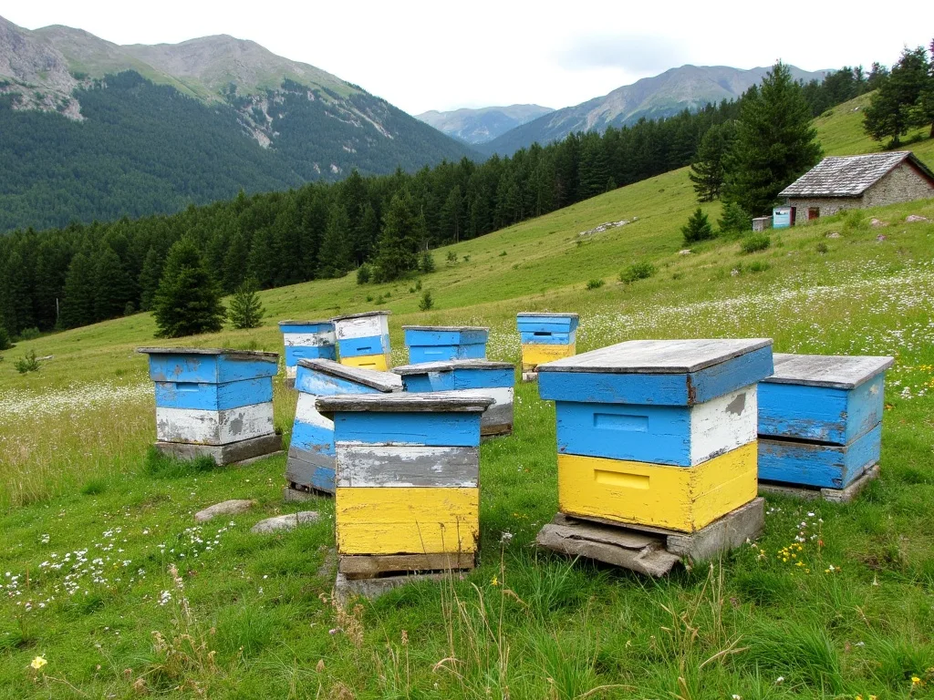 Yayla çayırında mavi-sarı ahşap arı kovanları; arkada çam ormanı ve dağlar